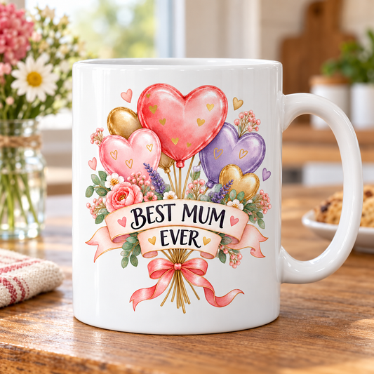 White Best Mum Ever mug with colourful heart balloons and flowers on a kitchen table