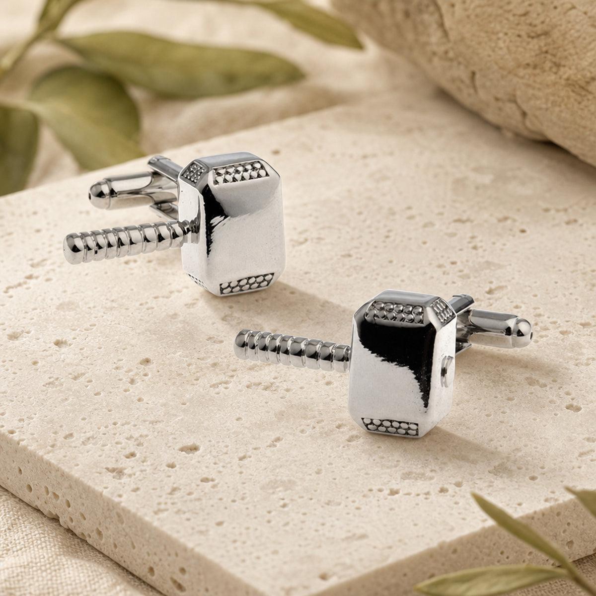 Thor Hammer Cufflinks in a themed setting