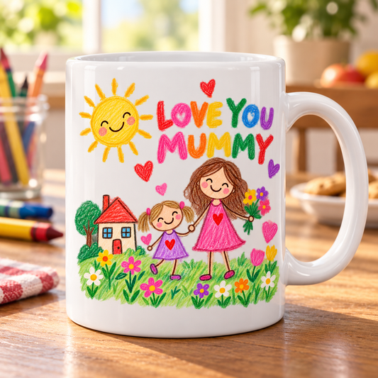 White Love You Mummy mug with a colourful crayon-style mother and child drawing