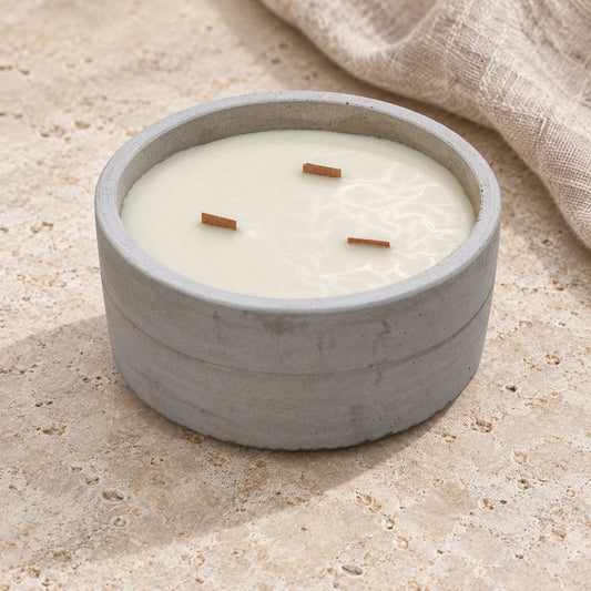 Vanilla Citrus Orange Concrete Candle Wick in a muted gift setting