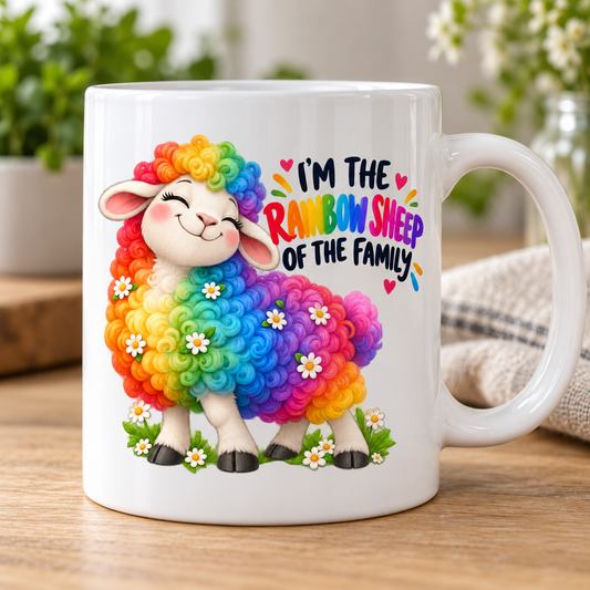 White Rainbow Sheep of the Family mug with a colourful sheep and daisies