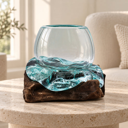 Molten Glass Mini Goldfish Bowl on Wood – 20cm262 in a muted gift setting