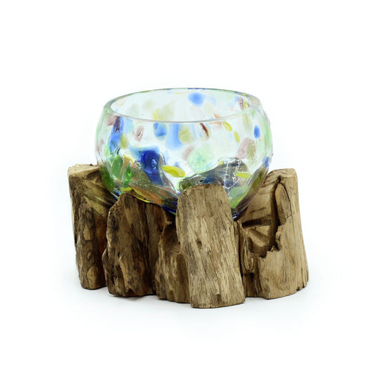 Molten Coloured Glass Small Bowl on Wood