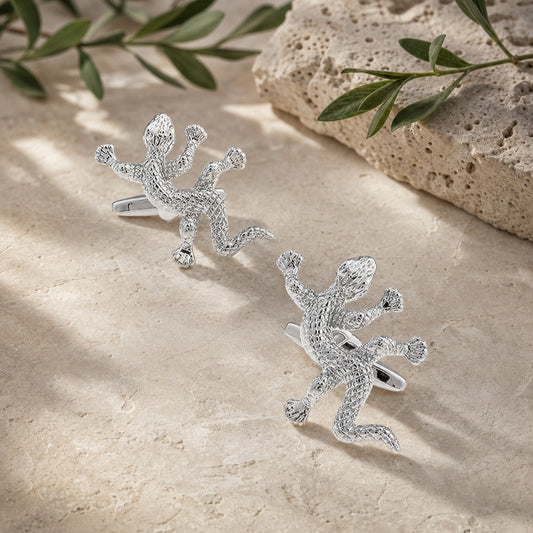 Silver Gecko Lizard Cufflinks in a themed setting