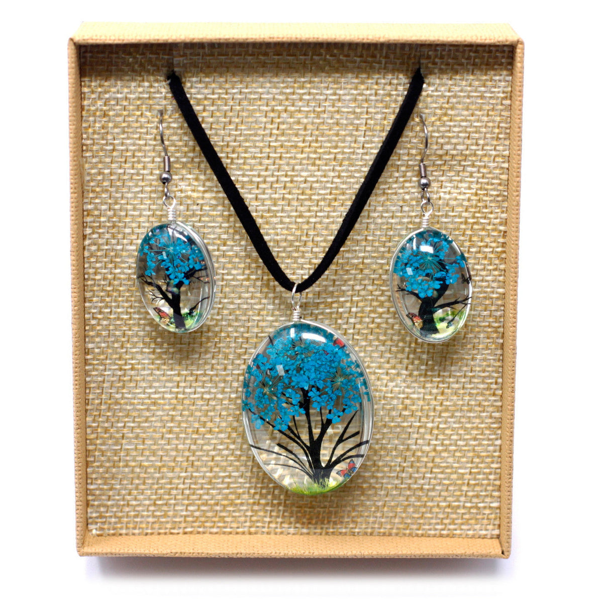 Pressed Flowers Tree of Life Necklace and Earring Set - Teal
