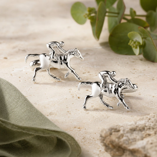 Silver Horse Racing Cufflinks in a themed setting