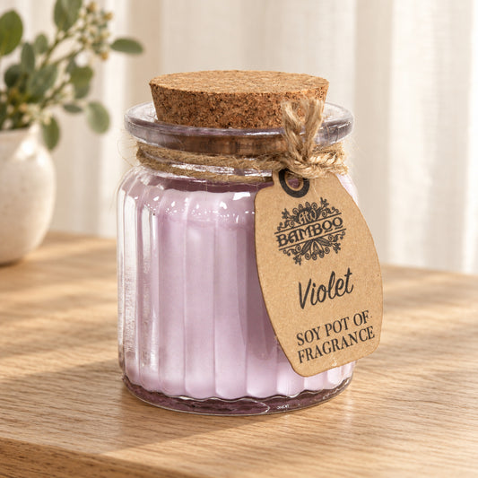 Violet Soy Scented Candle in a muted gift setting