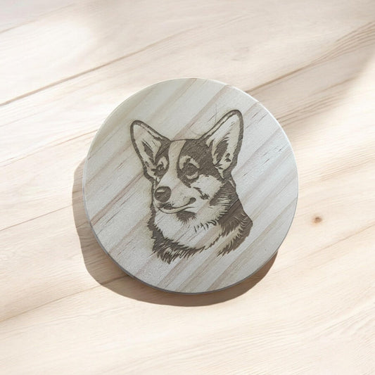 Corgi Coaster Round Wooden Coaster with Engraved Dog Design