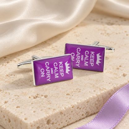 Purple Keep Calm Carry On Cufflinks in a muted gift setting