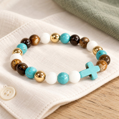 Turquoise Cross Royal Bead Bracelet in a muted gift setting