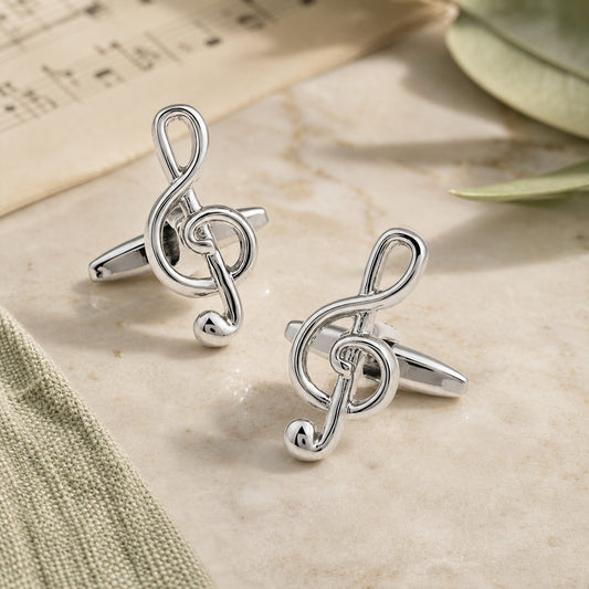Treble Clef Musical Note Cufflinks in a themed setting