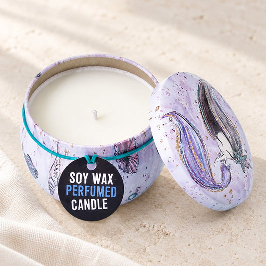 Sealife Raspberry Scented Tin Candle in a muted gift setting