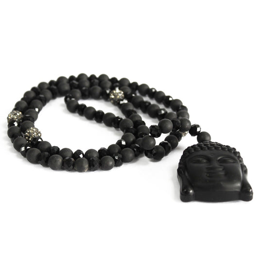 Black Stone Buddha Necklace with Gemstone Pendant on Cord