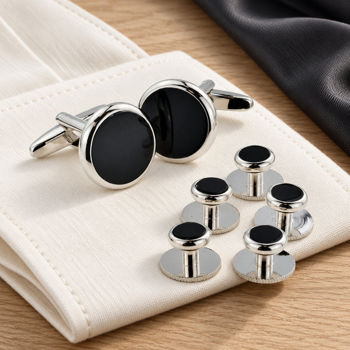 Silver Black Formal Dress Shirt Button Set With Cufflinks – Evening Wear in a muted gift setting