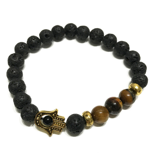Hamsa Tiger Eye Lava Stone Bracelet