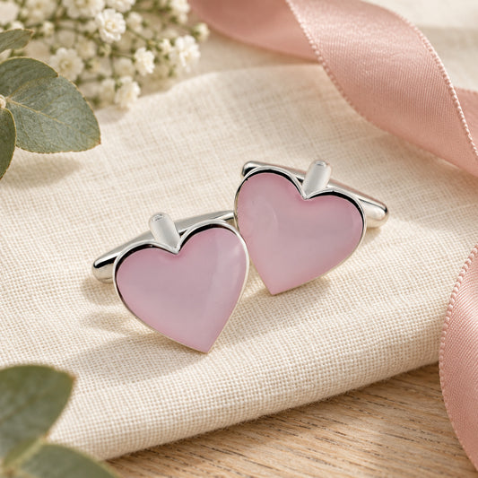 Pale Pink Love Hearts Cufflinks in a muted gift setting