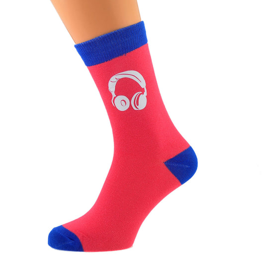 Salmon Pink Dark Blue Mens Socks With Headphones Design| Ashton and Finch