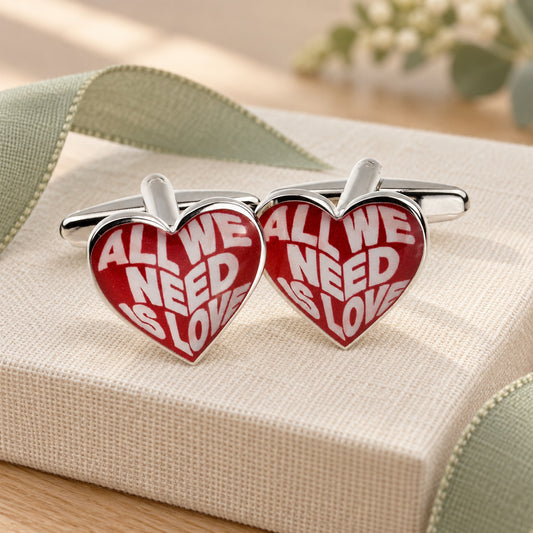 All We Need Is Love Heart Shaed Cufflinks in a muted gift setting