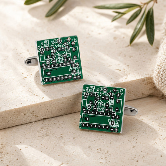 Real Circuit Board Cufflinks in a themed setting