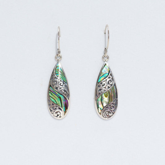 Long Teardrop Abalone Earrings with Shell and Silver Design