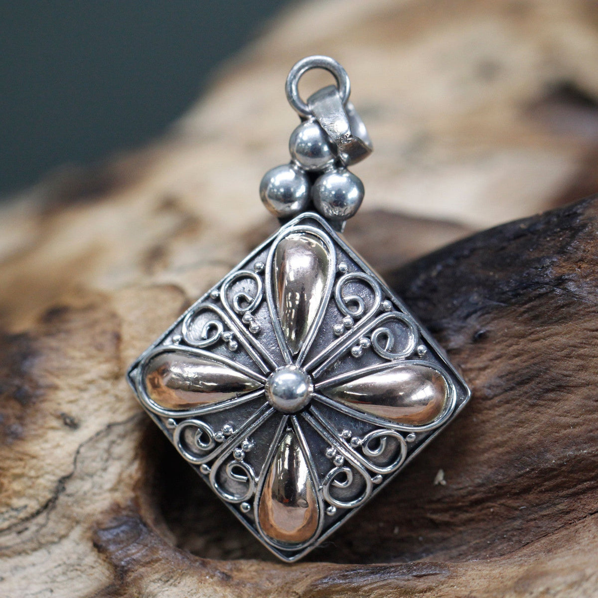 Silver and Gold Square Drop Pendant Necklace