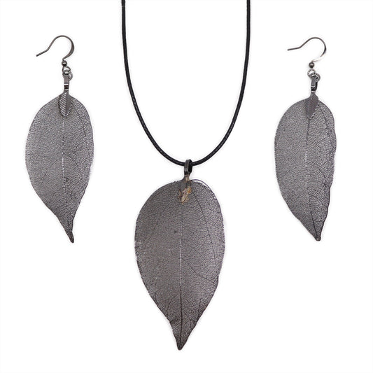 Pewter Bravery Leaf Necklace and Earring Set