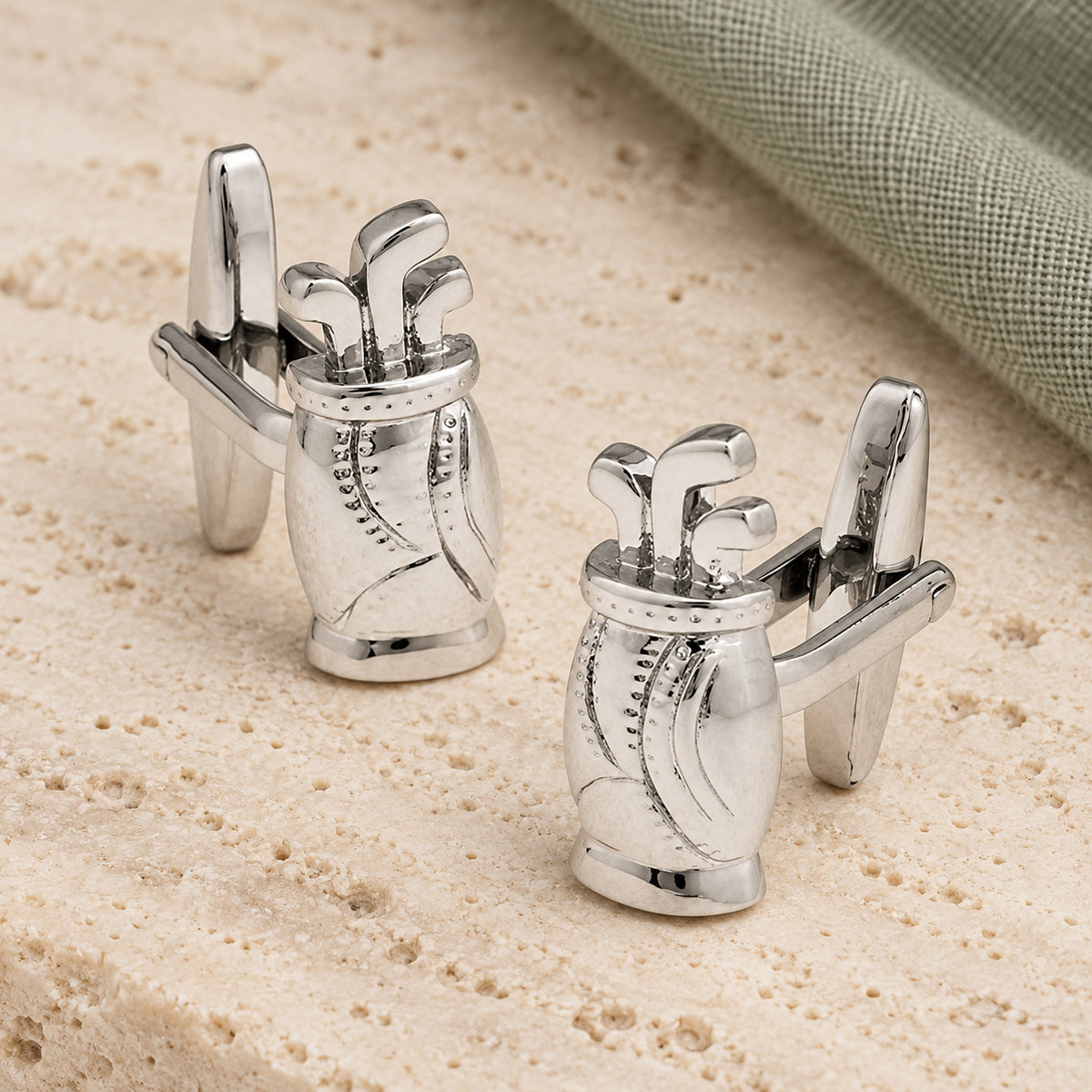 A Pair Of Golf Bag And Clubs Cufflinks in a muted gift setting