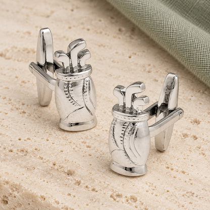 A Pair Of Golf Bag And Clubs Cufflinks in a muted gift setting
