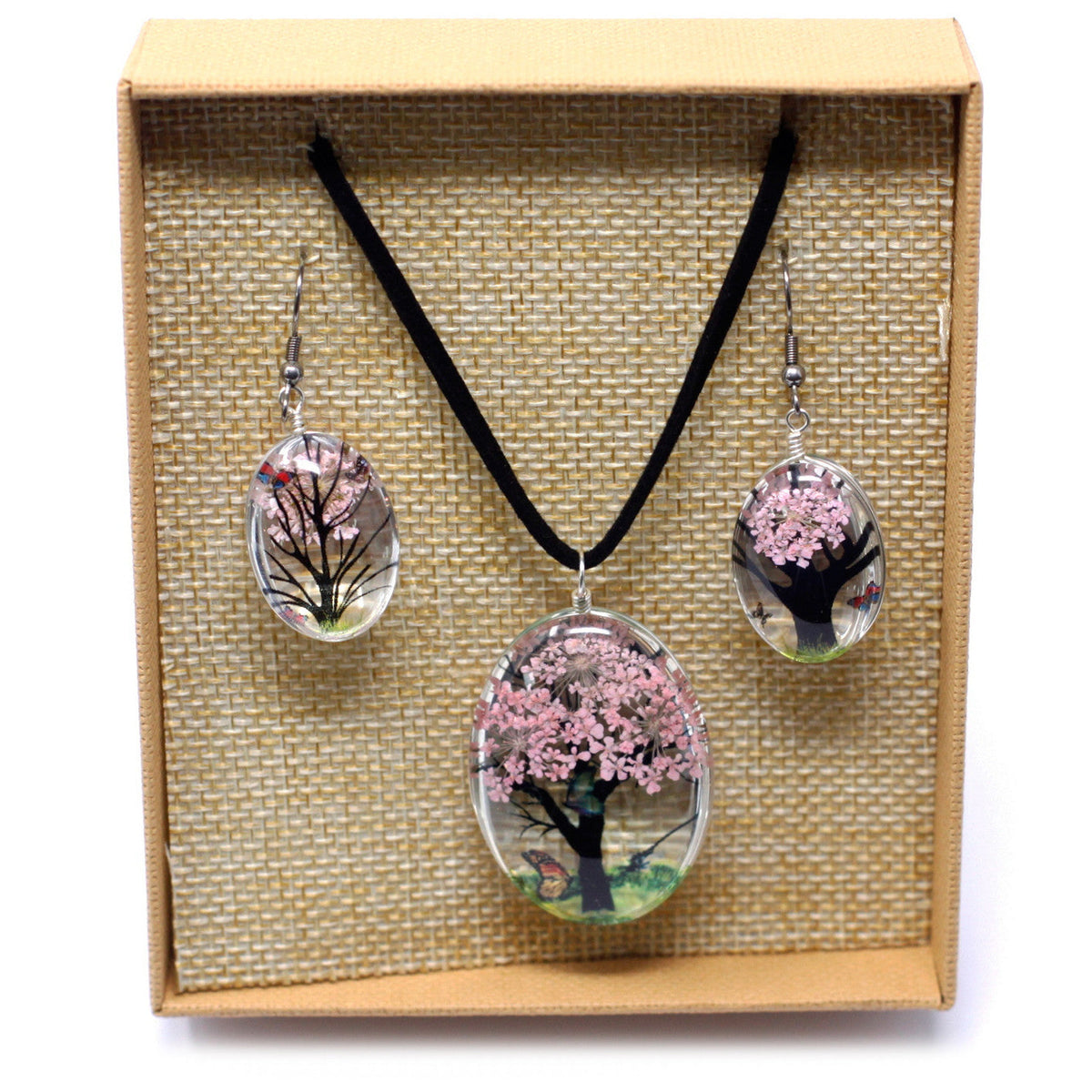 Pressed Flowers Tree of Life Necklace and Earring Set - Pink