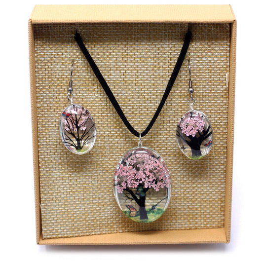Pressed Flowers Tree of Life Necklace and Earring Set - Pink