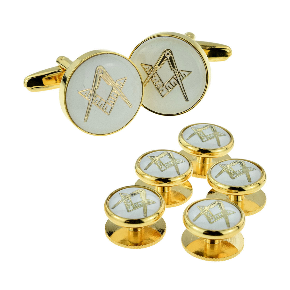 White & Gold Enamelled Masonic Cufflinks & 5 Button Stud Set | Ashton and Finch