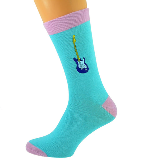 Turquoise Pale Pink Unisex Socks Blue Music Guitar Design| Ashton and Finch