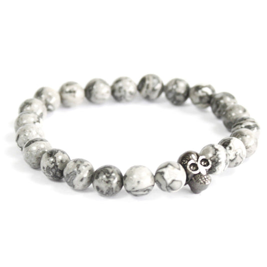 Pewter Skull and Grey Agate Gemstone Bracelet