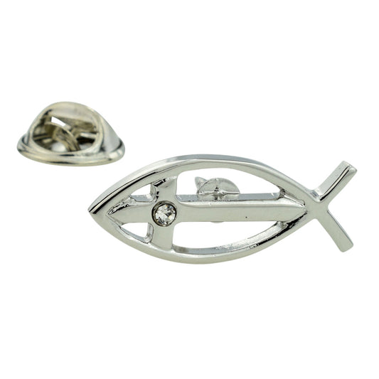 Rhodium Plated IchthusReligion Religious Lapel Pin Badge with Crystal Cross