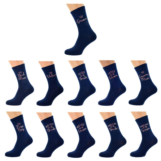 Navy Blue Contemporary Wedding Socks With Rose Gold Design| Ashton and Finch
