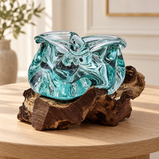 Molten Glass Chunky Ashtray Candle Holder on Wood – 23cm265 in a muted gift setting