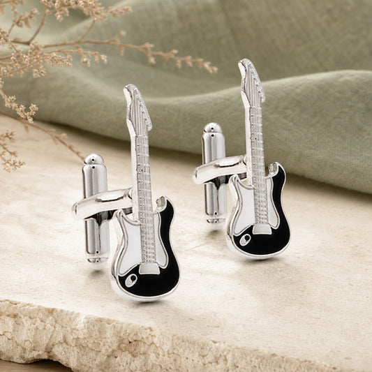 Silver And Enamel Electric Guitar Cufflinks in a themed setting