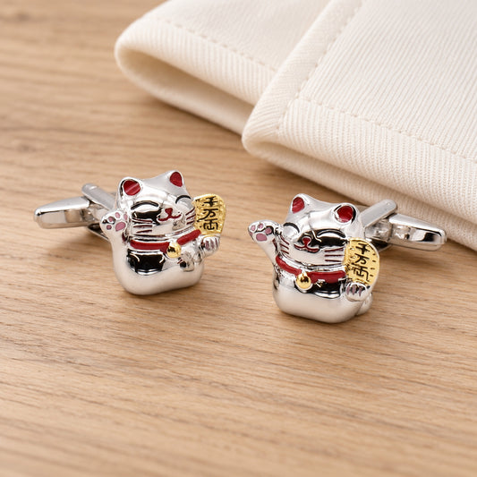 Silver Chinese Lucky Cat With Red Collar Cufflinks in a muted gift setting