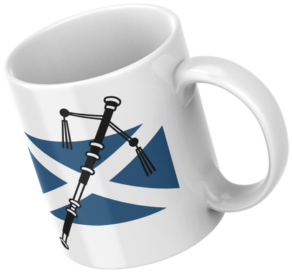 Scottish Flag Mug – Ceramic Coffee Cup with Saltire and Bagpipes Design