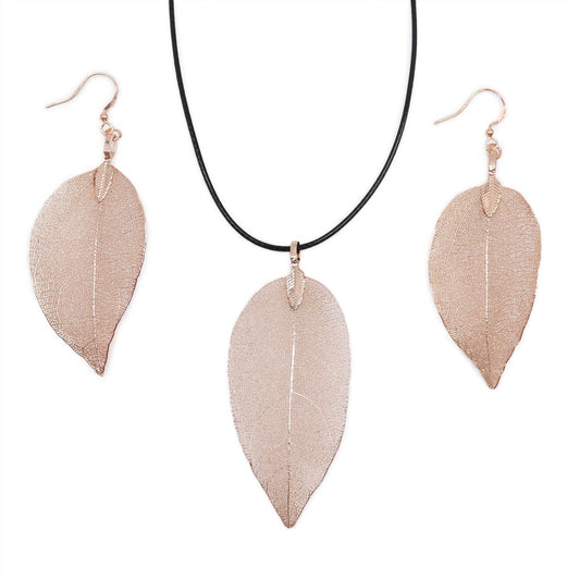 Pink Gold Bravery Leaf Necklace and Earring Set