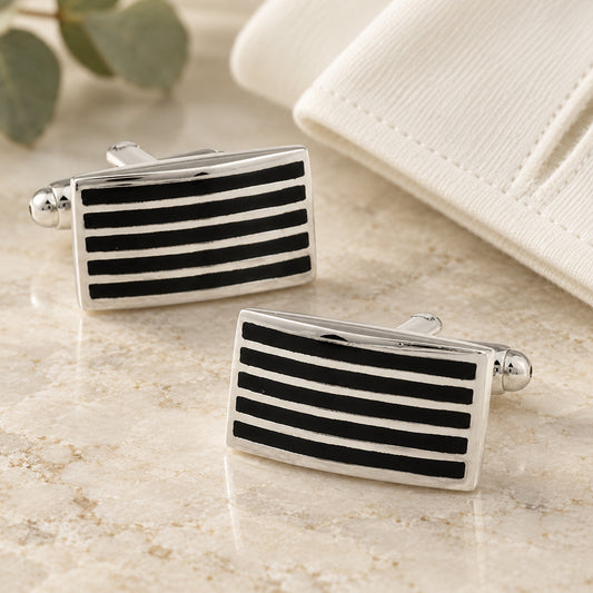 Silver With Enamel Black Lines Cufflinks in a muted gift setting