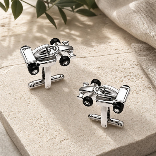 Silver Formula One Racing Car Cufflinks in a themed setting