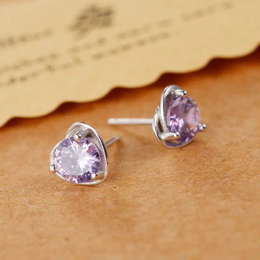 Heart Earrings With Purple Crystal Zirconia Stud 925 Silver | Ashton and Finch