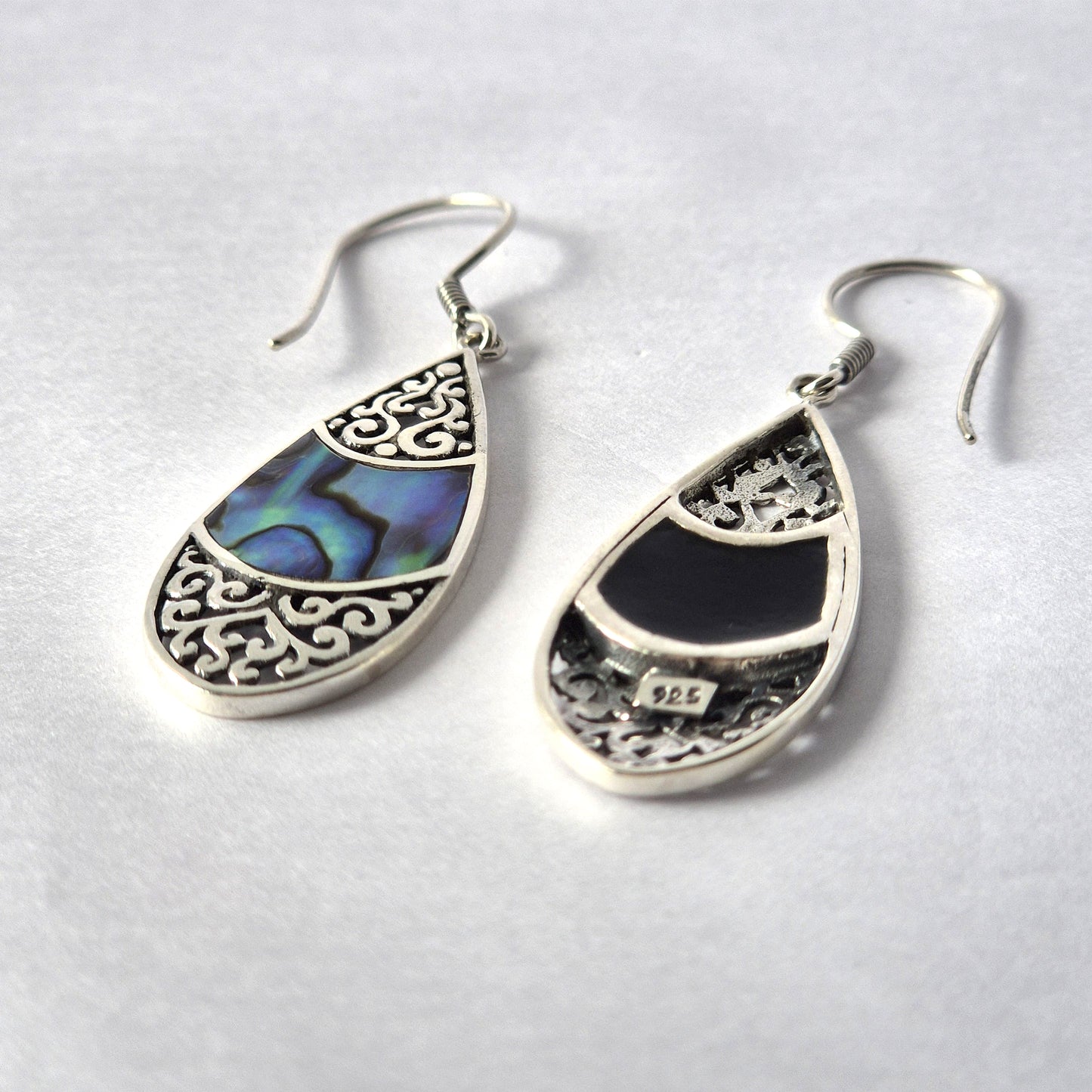 Abalone Teardrop Oval Earrings with Shell and Silver Accents