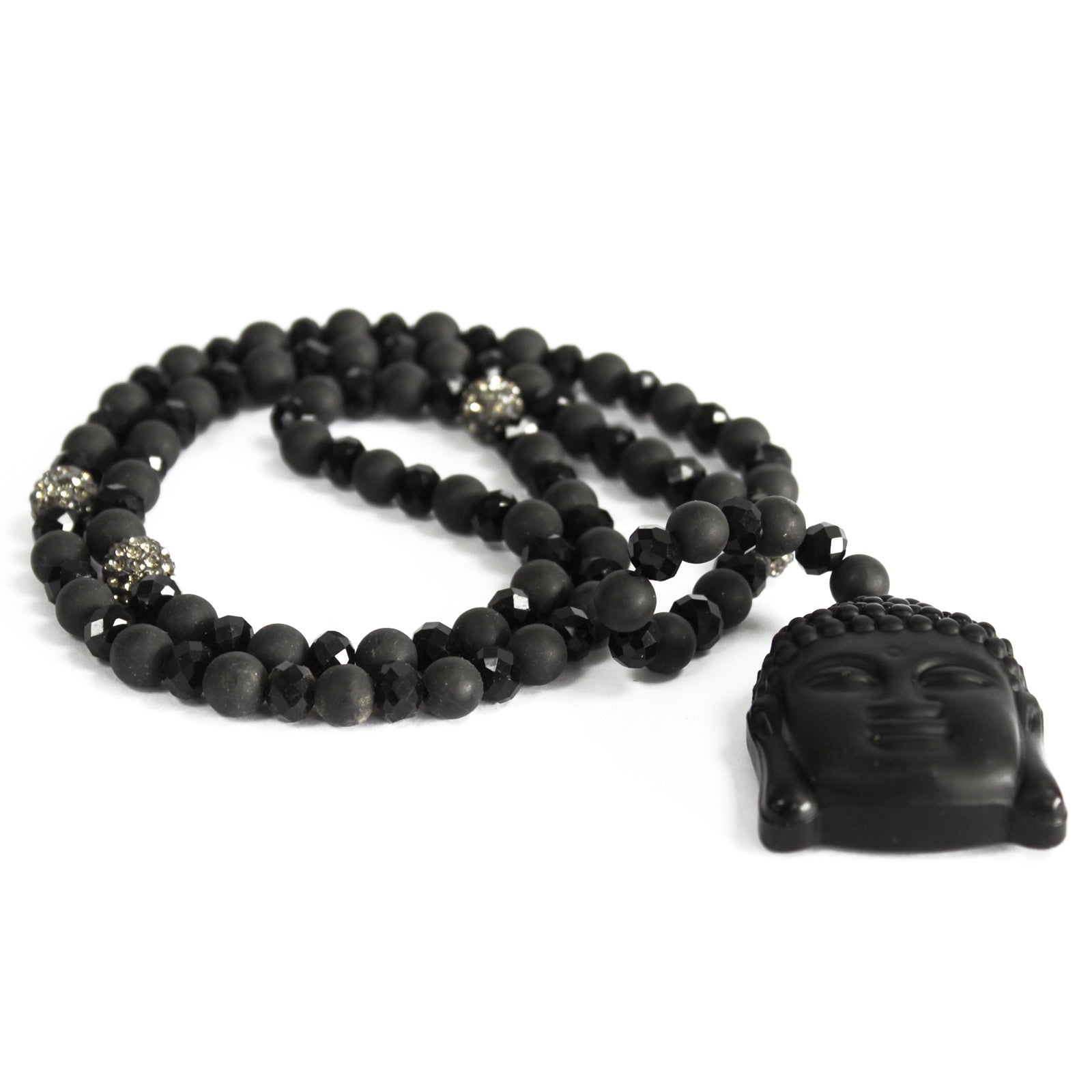 Black Stone Buddha Necklace with Gemstone Pendant on Cord