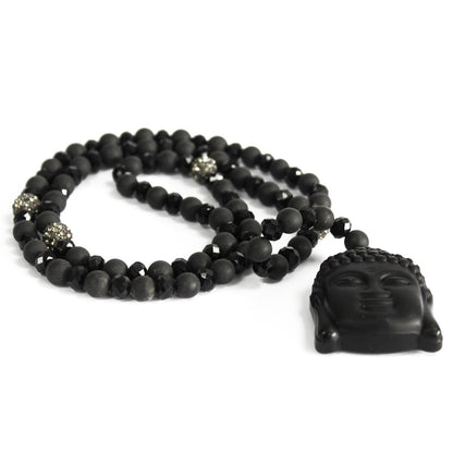 Black Stone Buddha Necklace with Gemstone Pendant on Cord