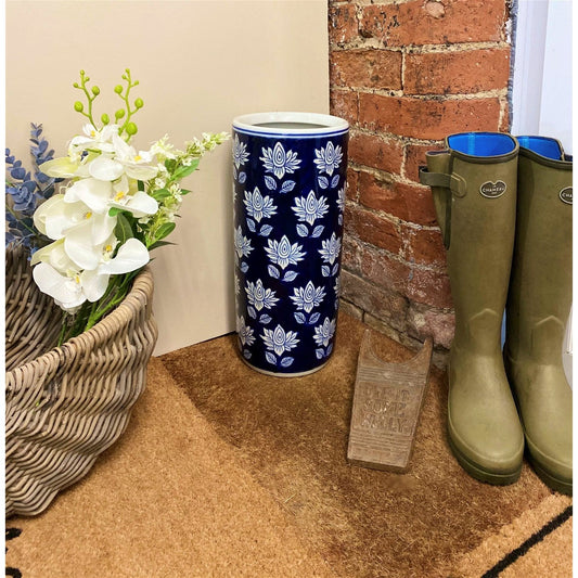 Blue With White Flower Umbrella Stand - Ashton and Finch
