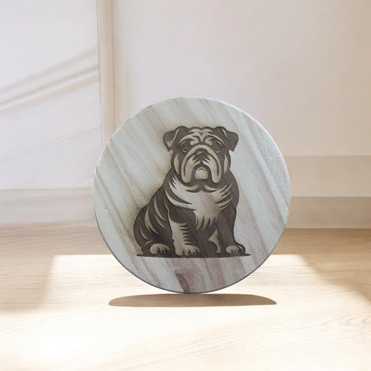 British Bulldog Coaster Round Wooden Coaster with Engraved Dog Design