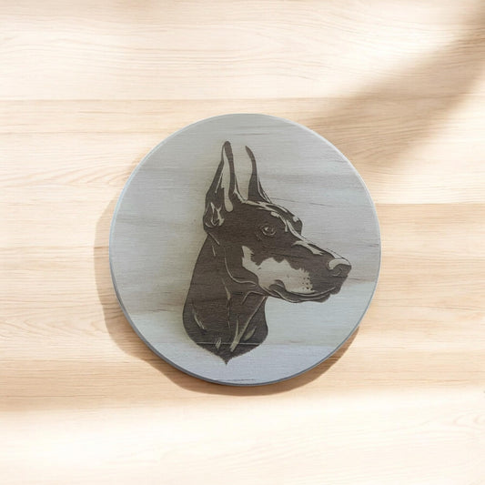 Doberman Coaster Round Wooden Coaster with Engraved Dog Design