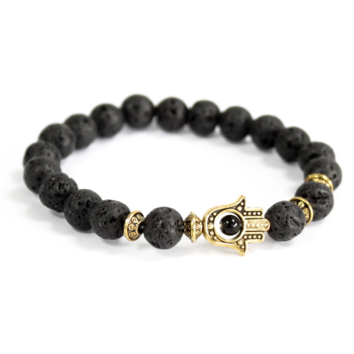 Gold Hamsa and Lava Stone Gemstone Bracelet